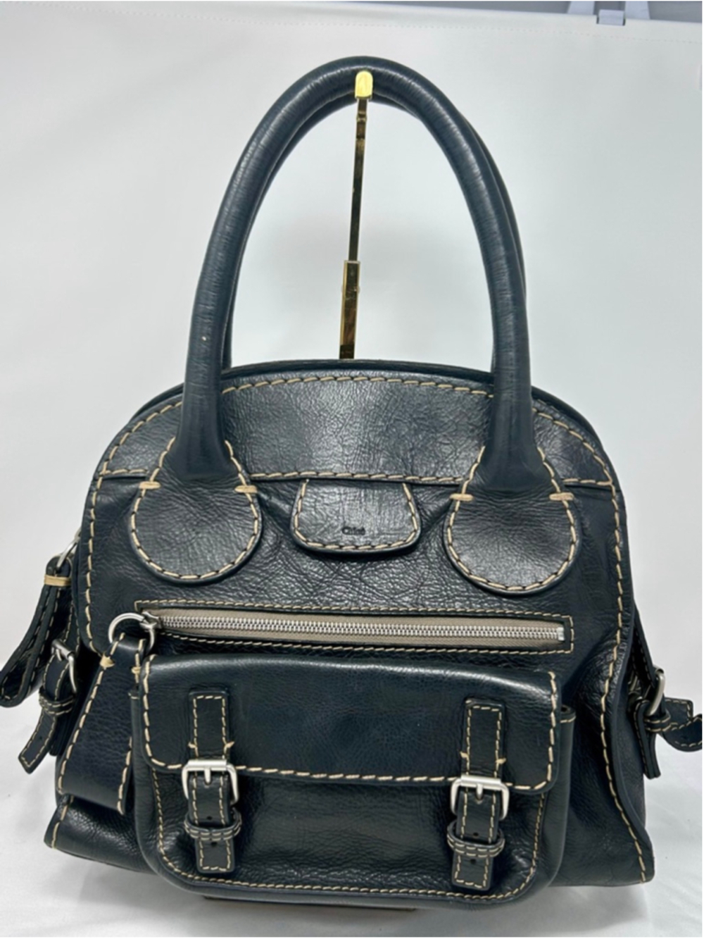 Chloé Edith Bowler Bag Black Leather Contrast Stitch Large Handbag